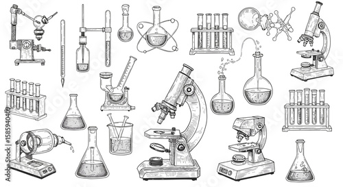 Vintage laboratory equipment set with microscopes and test tubes in hand-drawn style