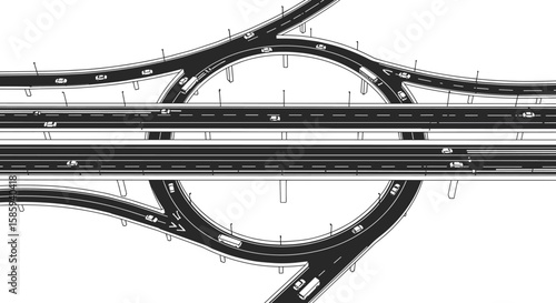 Aerial view of black and white highway interchange with overpasses and vehicles