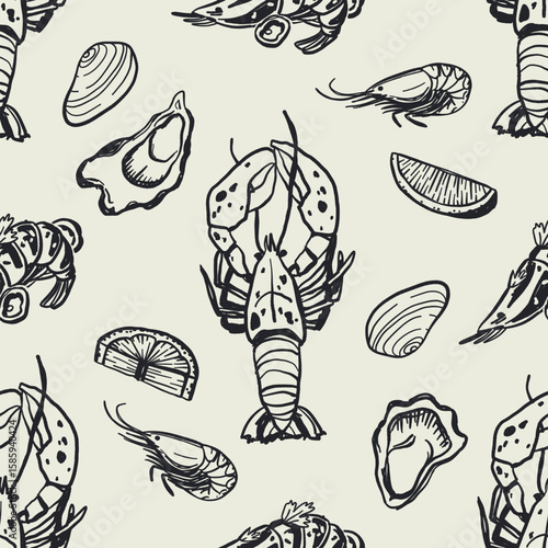 Hand drawn seafood seamless pattern in Mediterranean style featuring lobster, oysters, shrimps, and lemon. Vintage line art perfect for restaurant menus and gourmet branding.