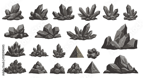 Collection of geometric mineral formations in monochrome style