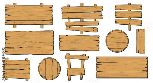 Wooden sign collection in cartoon style with various shapes and designs