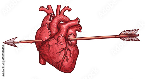 Anatomical heart pierced by arrow in vintage tattoo style