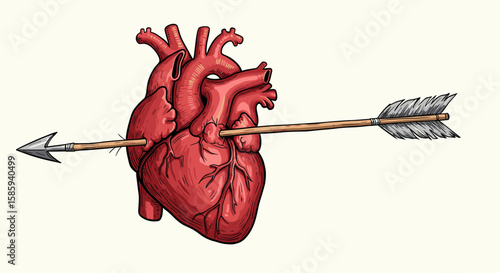 Detailed anatomical heart pierced by arrow symbolizing love and vulnerability