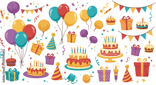 Colorful birthday party elements with balloons, cakes, and gifts