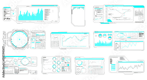 Futuristic blue tech interface panels with graphs and data elements