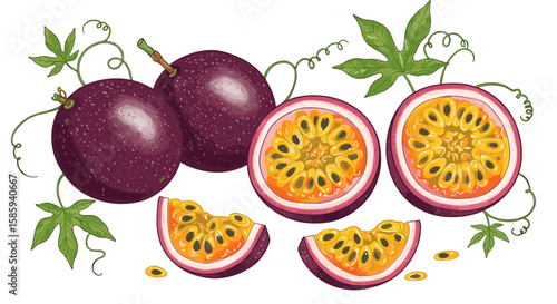 Vibrant passion fruit and leaves on white background