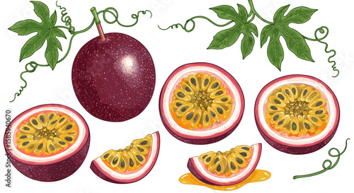 Realistic passion fruit with leaves and vines in detailed botanical style
