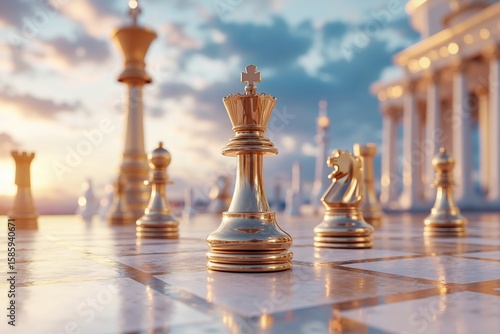 A chess board with gold chess pieces on it