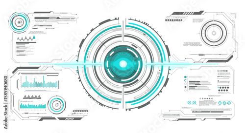 Futuristic blue and white hud interface with circular diagrams and infographics