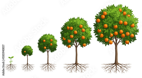 Growth stages of an orange tree with visible roots and fruits in a flat design