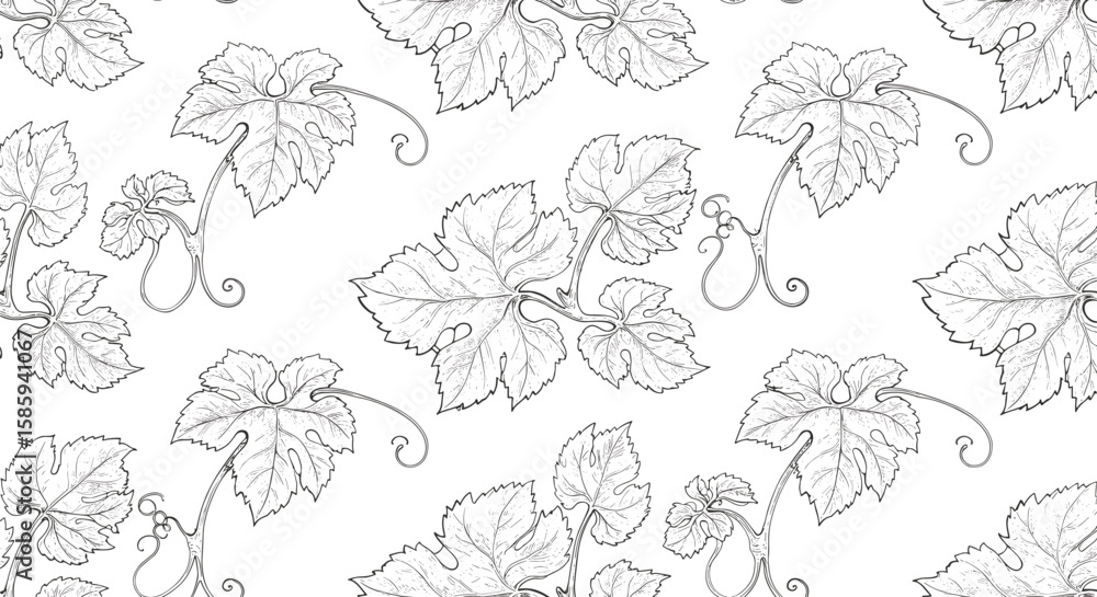 Fototapeta premium Seamless pattern of vine leaves in detailed sketch style on white background