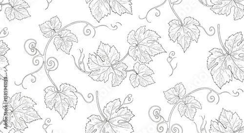 Elegant seamless pattern of grapevine leaves with intricate curves