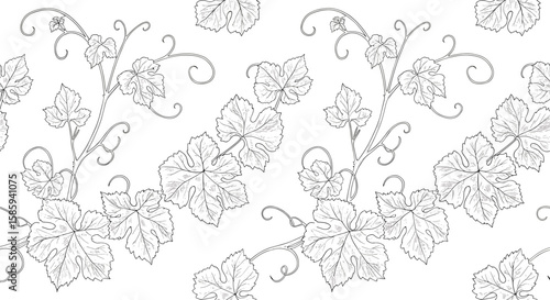 Seamless pattern with grapevine leaves in detailed linear design