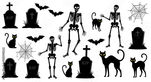 Halloween spooky silhouettes: skeletons, black cats, bats, and gravestones