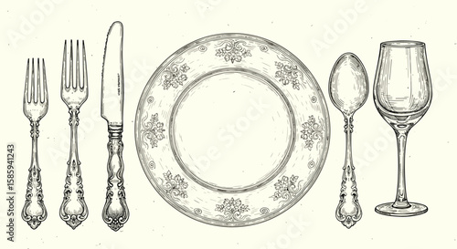 Vintage dining tableware with ornate cutlery and plate in detailed engraving style