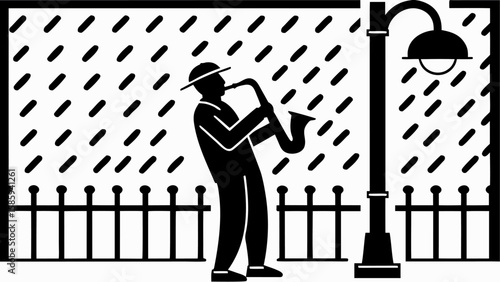 Silhouette of a jazz musician playing saxophone under a street lamp in the rain near a fence line