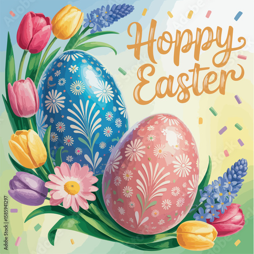 Cheerful Easter Celebration Featuring Decorated Eggs and Spring Flowers in a Pastel Color Palette with Calligraphic Greeting
