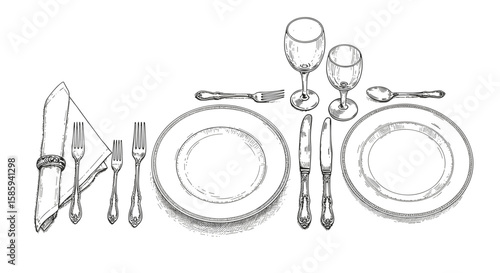 Elegant dinner table setting with plates, cutlery, and glasses in a vintage sketched design