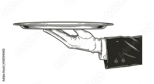 Elegant waiter hand holding a tray in detailed vintage style