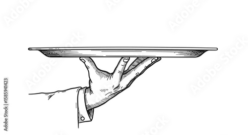 Retro hand holding serving tray in vintage sketch style