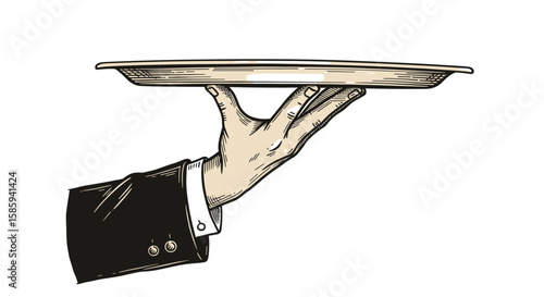 Elegant waiter hand holding tray in vintage style art