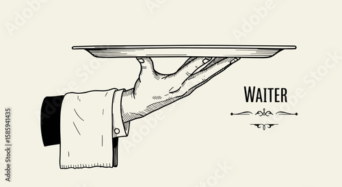 Elegant waiter hand with tray in vintage style artwork
