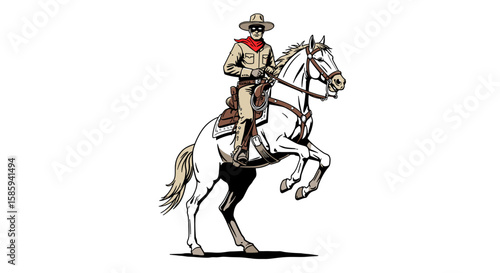 Cowboy riding horse with western outfit and red scarf in bold cartoon style