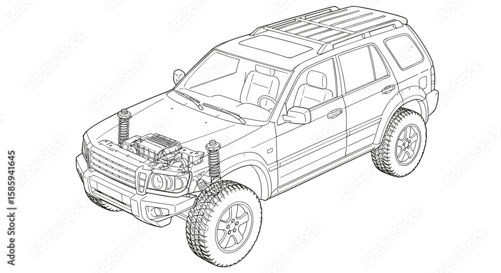 Fototapeta premium Detailed line art of off-road suv with visible engine and suspension