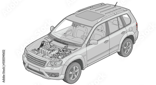 Detailed transparent view of car engine in isometric drawing