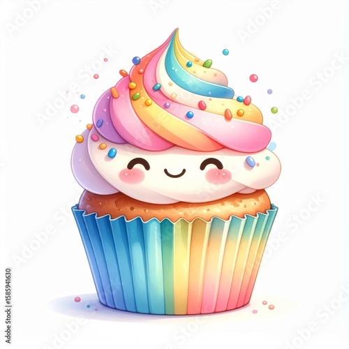 Rainbow Cupcake With Sprinkles On White Background