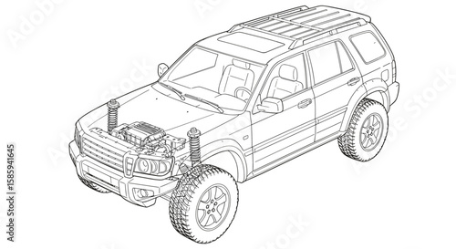 Detailed line art of off-road suv with visible engine and suspension