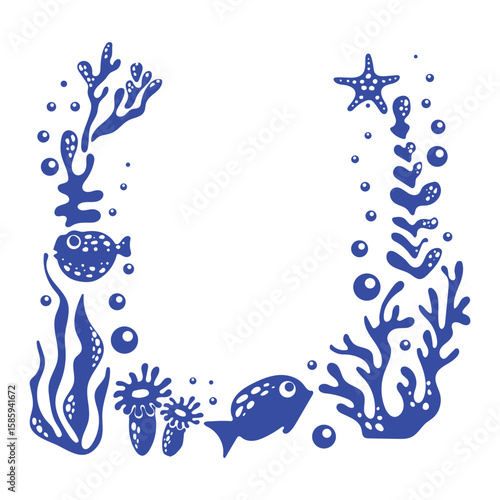 Frame with blue silhouettes of sea inhabitants and algae with bubbles underwater in simple style. Underwater world. Monochrome template with fishes. Vector design for stickers, textiles, postcards.