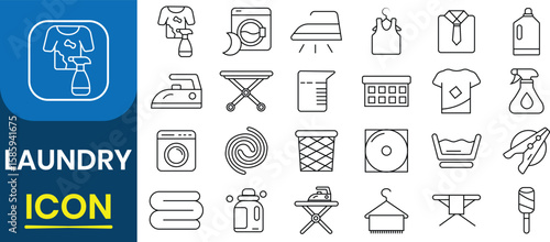 Laundry icon vector set. Stain remover, detergent, color protection, washing, cleaning, washing machine, hand wash, dryer, laundry service, clothes to and more. Vector illustration.