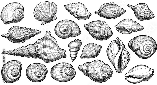 Detailed hand drawn sea shells collection: nautical marine art