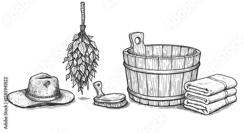 Traditional spa elements with wooden bucket, birch broom, hat, brush, and towels in sketch style