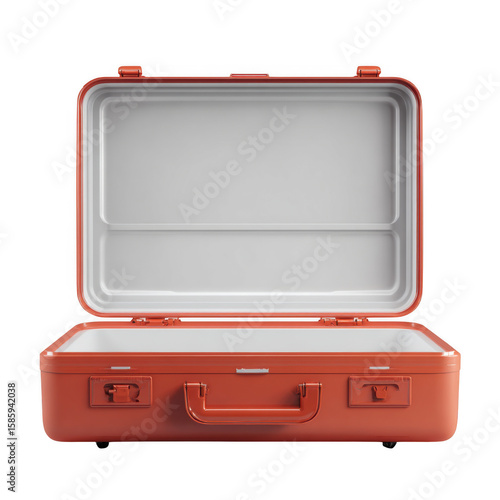 An open orange suitcase with a white interior, isolated on a transparent background