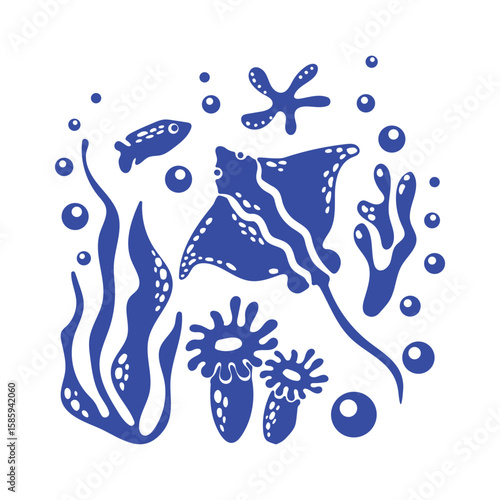 Blue silhouettes of sea inhabitants and algae with bubbles under water in simple style. Underwater world. Monochrome picture stamp with sea fish and jellyfish. Vector for stickers, textiles, postcards