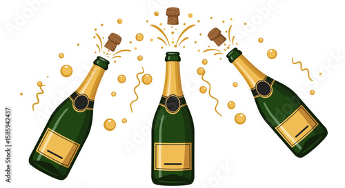 Celebratory champagne bottles popping with corks and bubbles in festive style