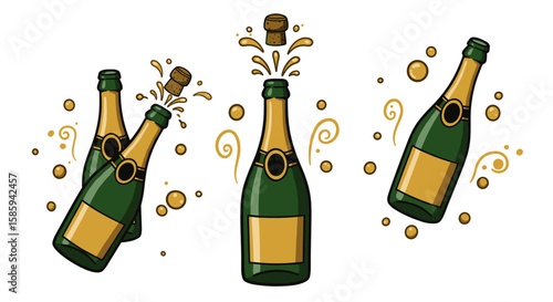 Celebration with popping champagne bottles and bubbles on white background