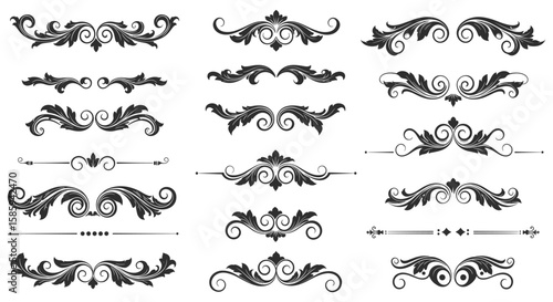 Elegant ornamental dividers set with vintage floral elements in black and white