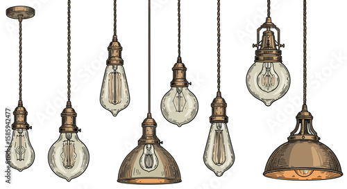 Vintage hanging light bulbs and fixtures in retro style