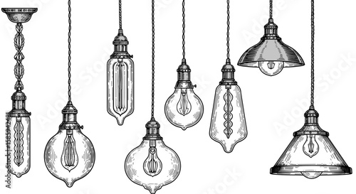 Vintage industrial light fixtures collection in detailed hand-drawn style