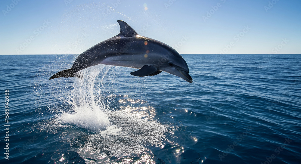 Fototapeta premium Dolphin Leaps from Ocean Waters Under Bright Sunlight