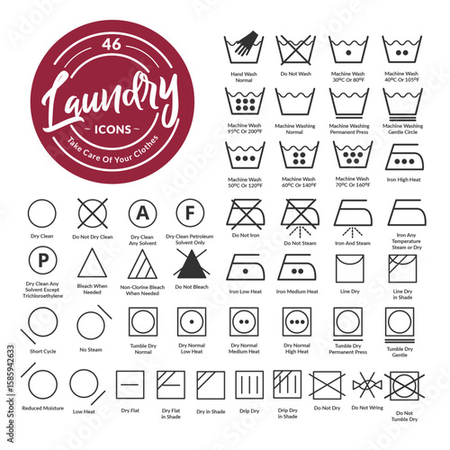 46 Laundry, fabric care icon & symbol set