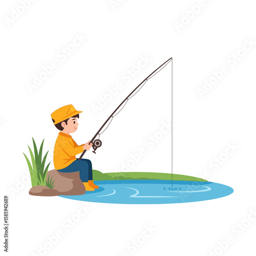 A young boy patiently sits by a calm pond, engrossed in fishing with his rod.