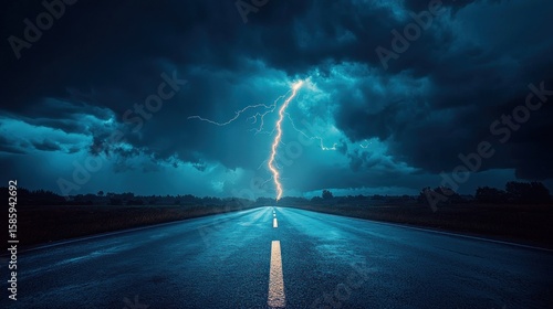 Stormy night road.  A dramatic lightning strike illuminates a dark, wet road stretching into a stormy sky