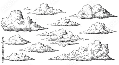 Vintage engraved clouds set for weather and nature design projects