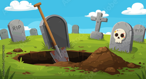 Cartoon cemetery scene with dug grave and tombstones under a blue sky