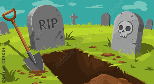 Cartoon graveyard scene with open grave and tombstones in a spooky setting