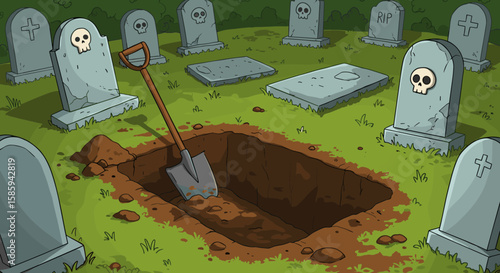 Cartoon cemetery with open grave and shovel: spooky halloween scene